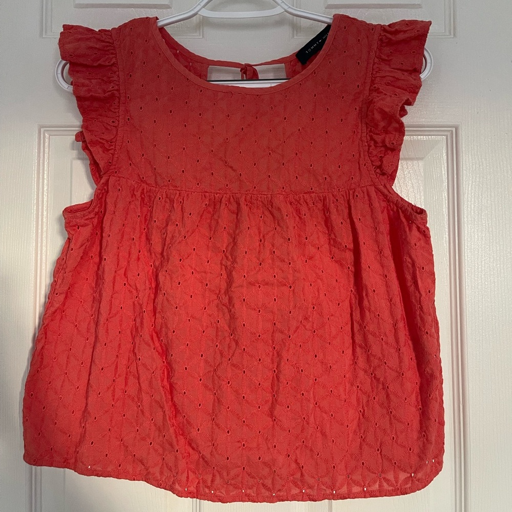 Tommy Hilfiger Red/Coral Ruffle Sleeve Top (FLAW)